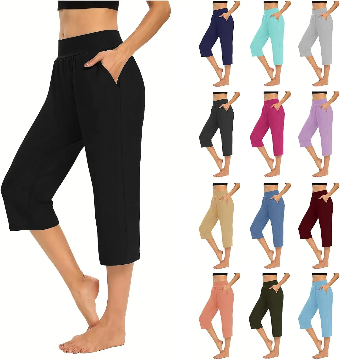 LFEOOST Capri Pants for Women High Waist Wide Leg Yoga Cropped Pants with Pockets Loose Casual Summer Outfits Lounge Pants
