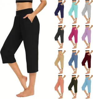 LFEOOST Capri Pants for Women High Waist Wide Leg Yoga Cropped Pants with Pockets Loose Casual Summer Outfits Lounge Pants