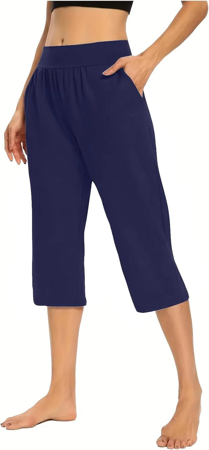 LFEOOST Capri Pants for Women High Waist Wide Leg Yoga Cropped Pants with Pockets Loose Casual Summer Outfits Lounge Pants