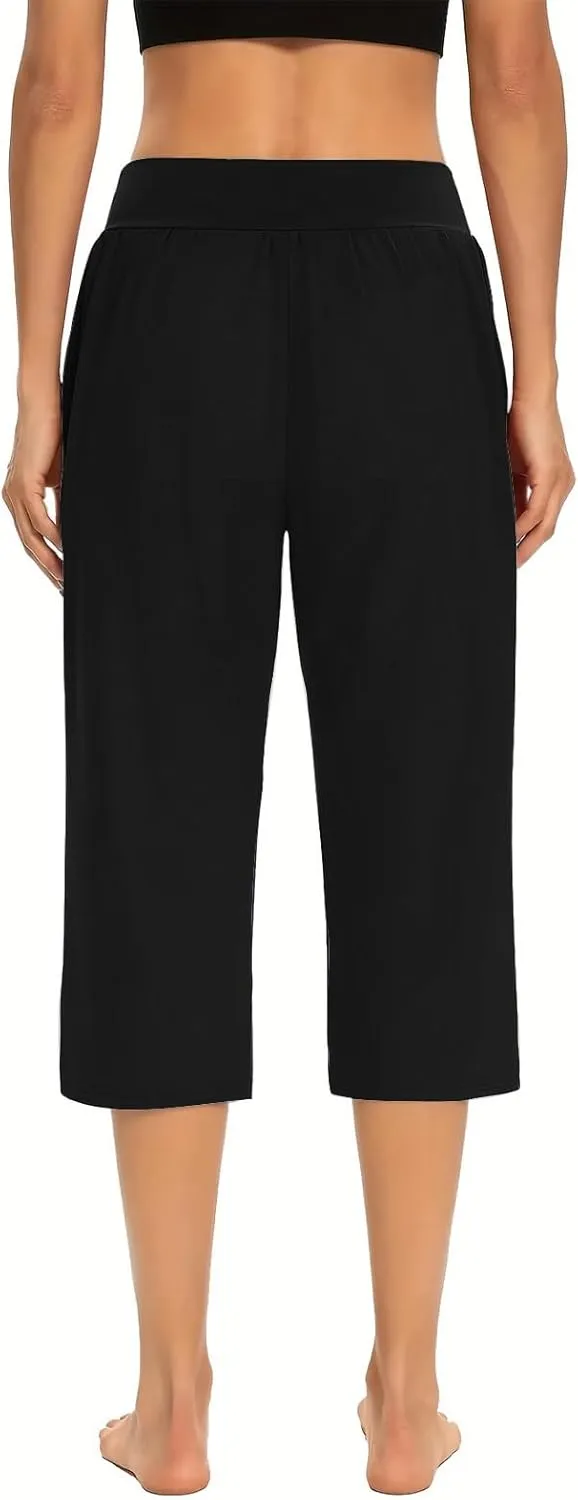 LFEOOST Capri Pants for Women High Waist Wide Leg Yoga Cropped Pants with Pockets Loose Casual Summer Outfits Lounge Pants