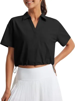 Libin Women's Short Sleeve V-Neck Polo Shirts Collared Lightweight Loose Fit T Shirt Cropped Tennis Golf Tops