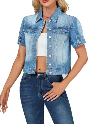 LifeShe Puff Short Sleeve Denim Jacket for Women Summer Cropped Jean Jacket Slim Non-stretch Crop Coat