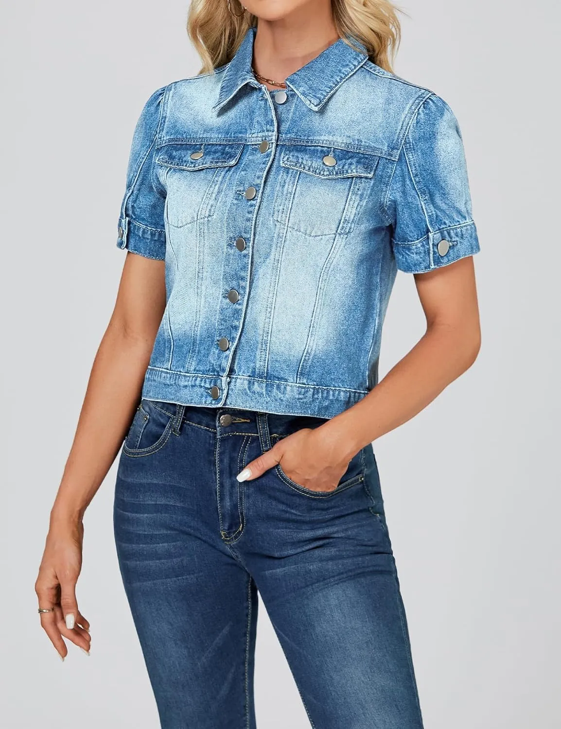 LifeShe Puff Short Sleeve Denim Jacket for Women Summer Cropped Jean Jacket Slim Non-stretch Crop Coat