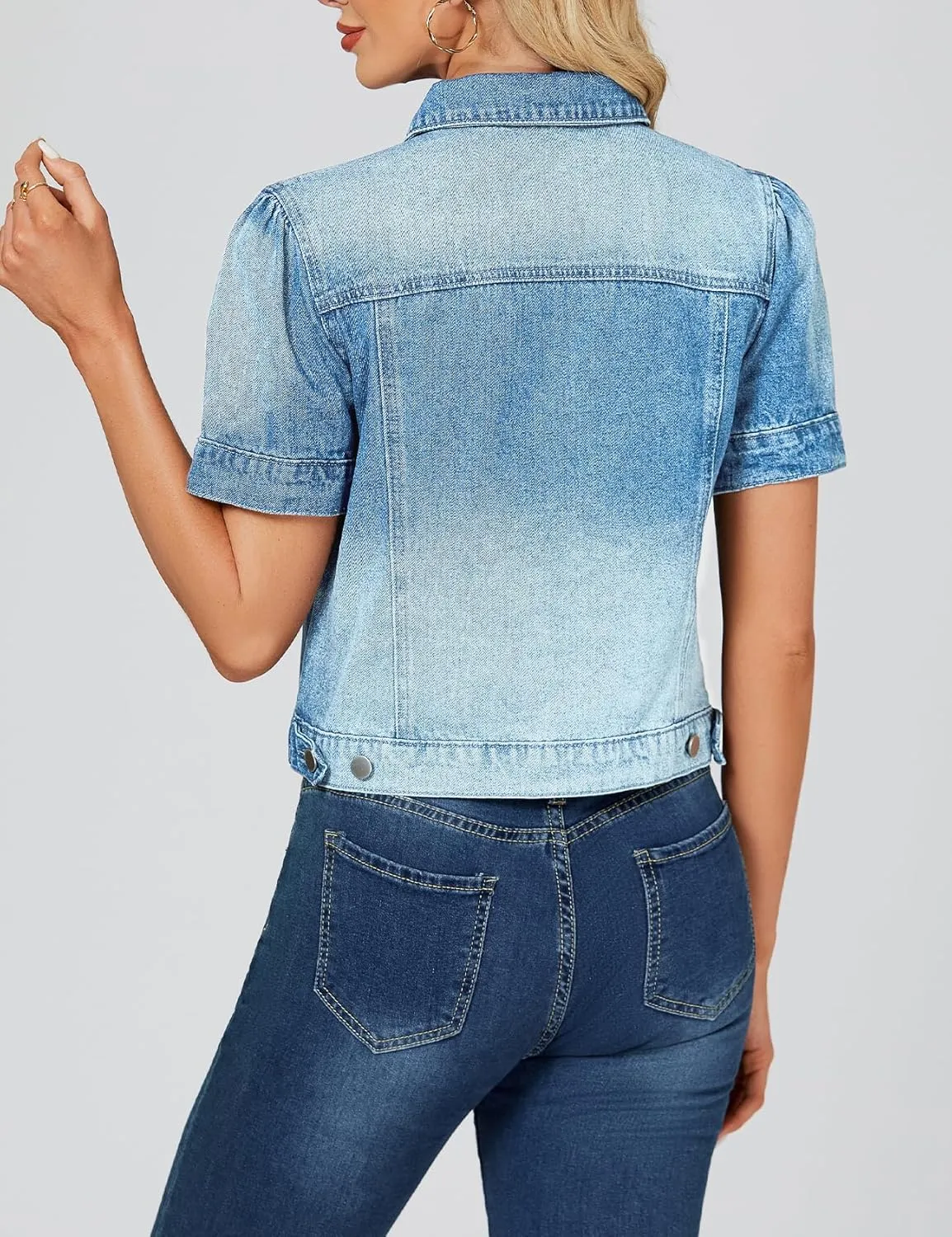 LifeShe Puff Short Sleeve Denim Jacket for Women Summer Cropped Jean Jacket Slim Non-stretch Crop Coat