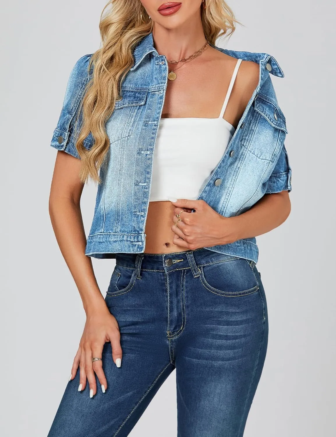 LifeShe Puff Short Sleeve Denim Jacket for Women Summer Cropped Jean Jacket Slim Non-stretch Crop Coat