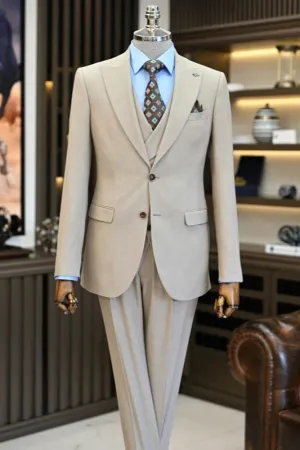 Light Khaki Peaked Lapel Three Pieces Business Suits One Button Formal Prom Suits