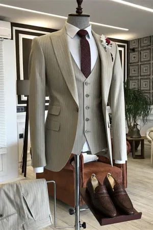 Light Khaki Striped Peaked Lapel Three Pieces Slim Fit Business Suits