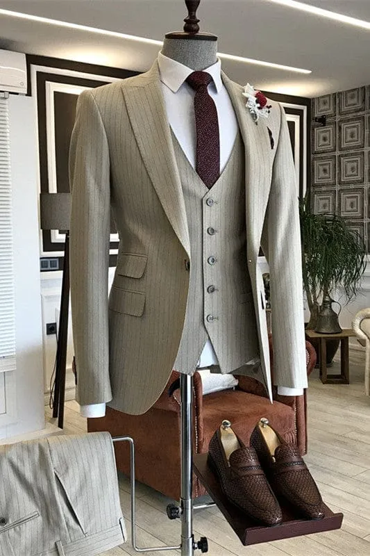 Light Khaki Striped Peaked Lapel Three Pieces Slim Fit Business Suits
