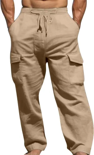 Linen Cargo Pants for Mens Casual Solid Color Drawstring Pants Lightweight Breathable Plain Outdoor Sweatpants with Pockets