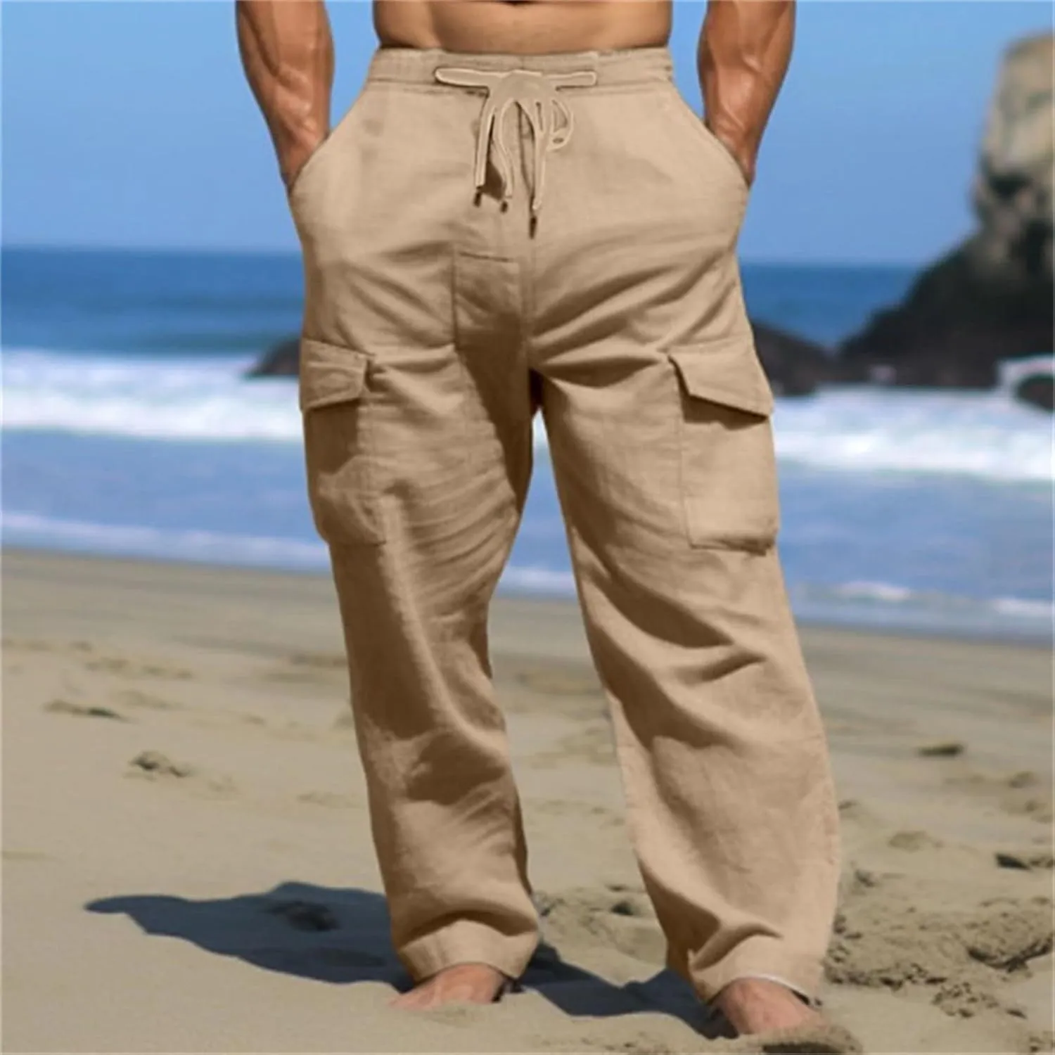 Linen Cargo Pants for Mens Casual Solid Color Drawstring Pants Lightweight Breathable Plain Outdoor Sweatpants with Pockets