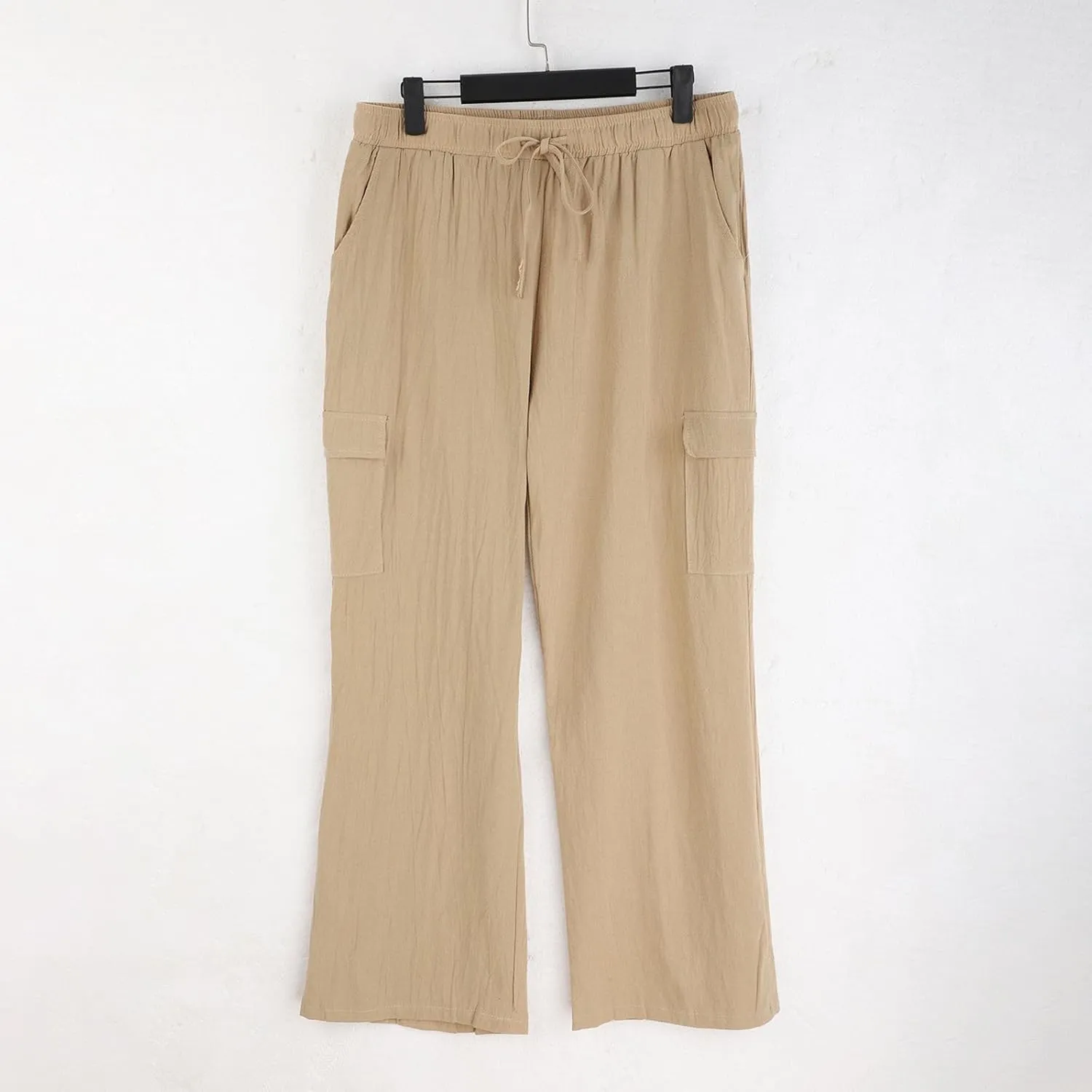 Linen Cargo Pants for Mens Casual Solid Color Drawstring Pants Lightweight Breathable Plain Outdoor Sweatpants with Pockets