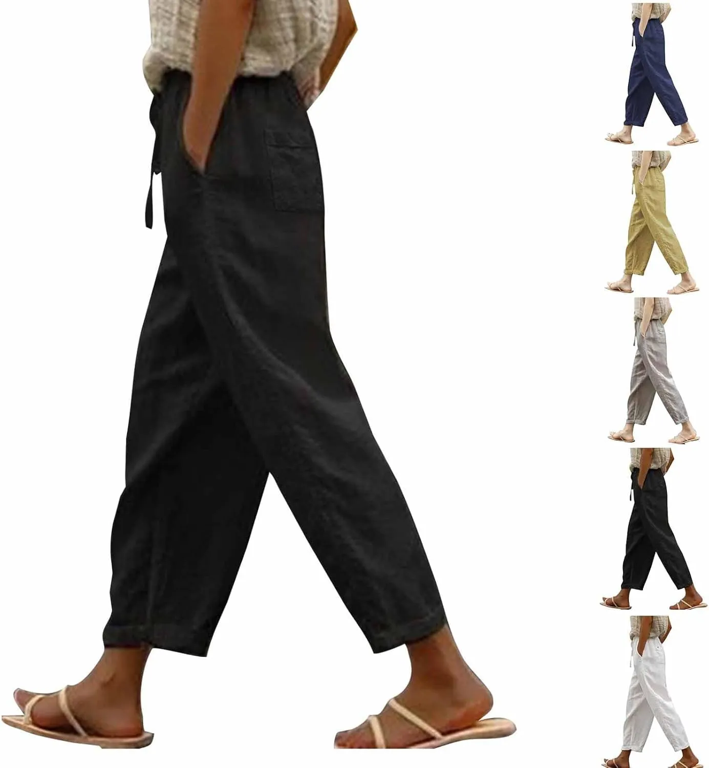 Linen Pants for Women Casual Drawstring Cropped Wide Leg Trousers Breathable Summer Palazzo Pants with Pockets
