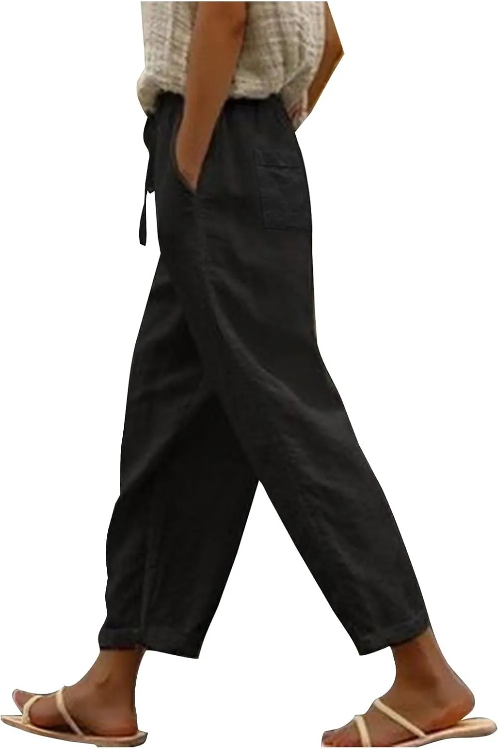 Linen Pants for Women Casual Drawstring Cropped Wide Leg Trousers Breathable Summer Palazzo Pants with Pockets