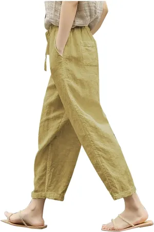 Linen Pants for Women Casual Drawstring Cropped Wide Leg Trousers Breathable Summer Palazzo Pants with Pockets