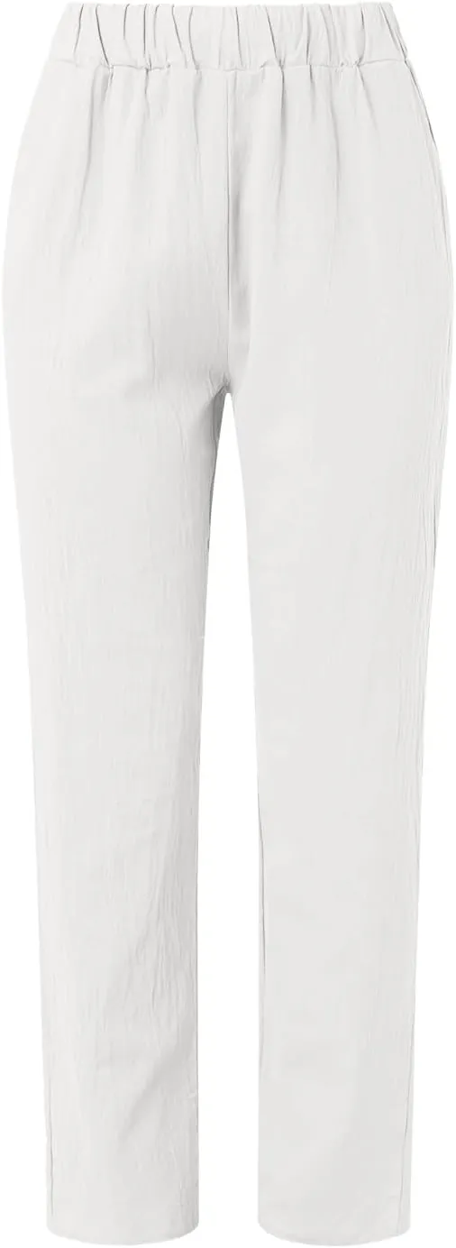 Linen Pants for Women Summer High Waisted Elastic Straight Leg Lounge Pants Casual Loose Lightweight Beach Trousers