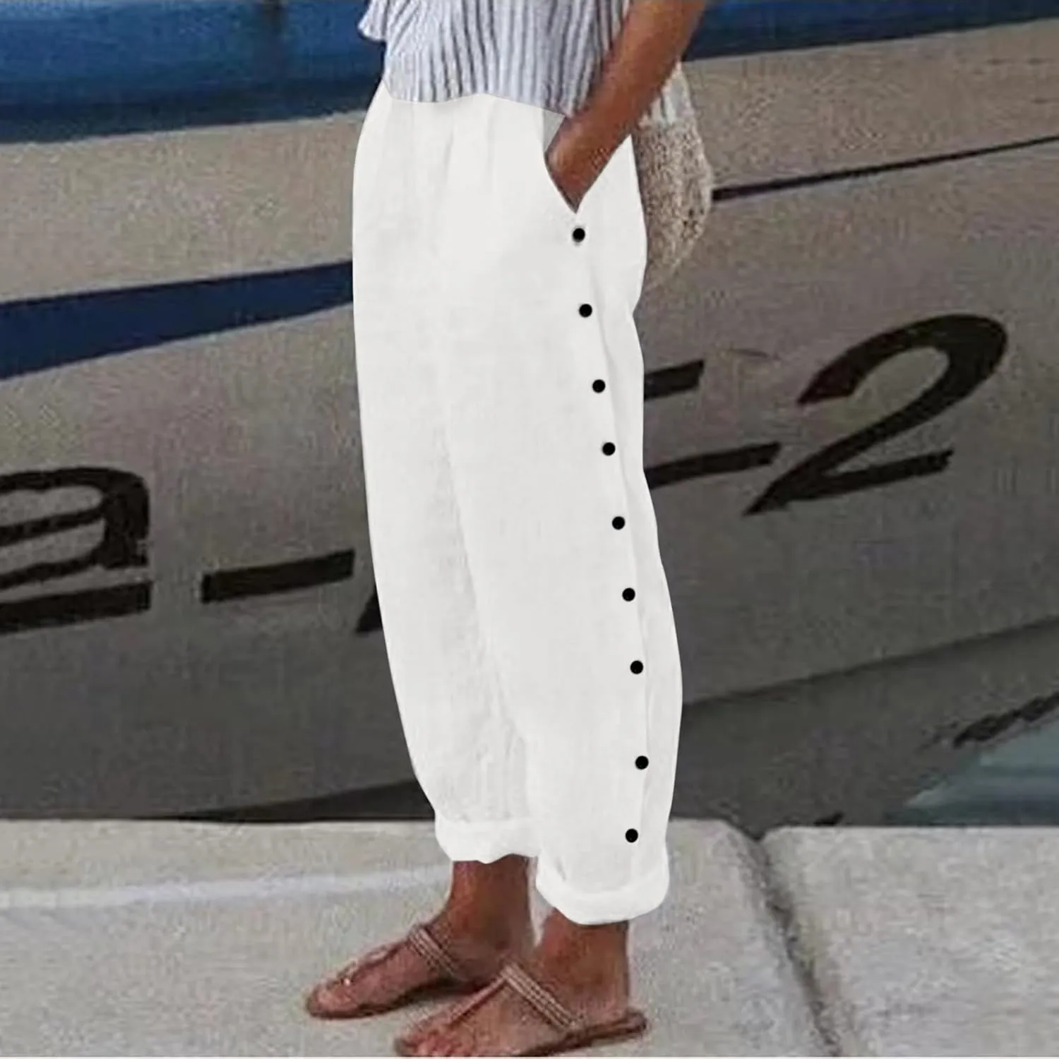 Linen Pants for Women Summer High Waisted Elastic Straight Leg Lounge Pants Casual Loose Lightweight Beach Trousers