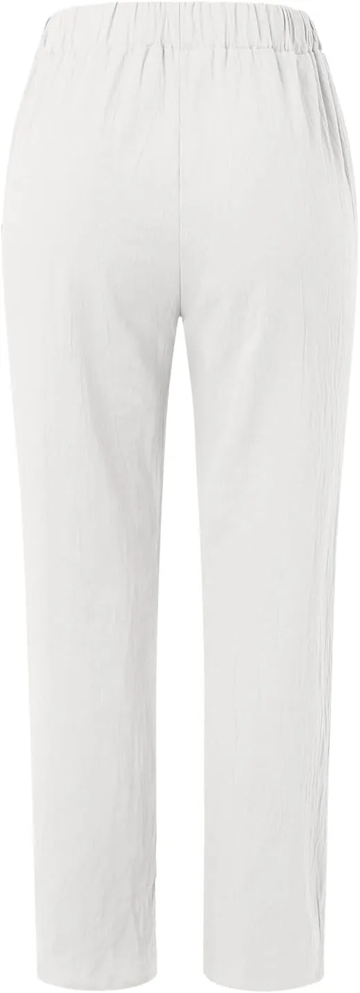 Linen Pants for Women Summer High Waisted Elastic Straight Leg Lounge Pants Casual Loose Lightweight Beach Trousers