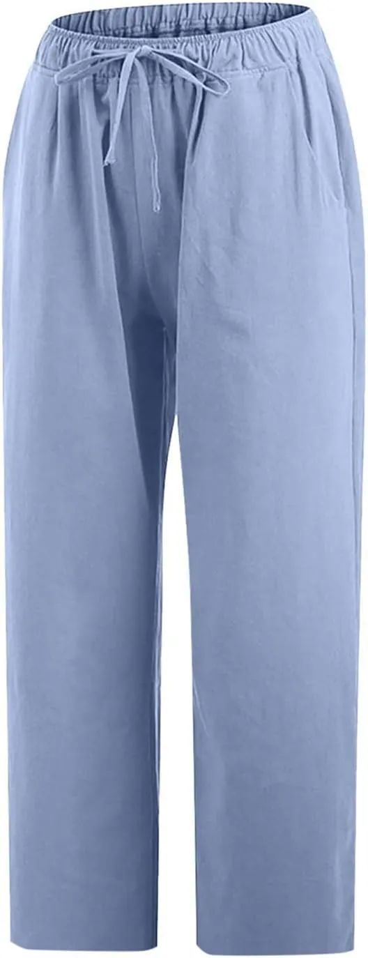 Linen Pants Women Casual Cotton Drawstring Mid Rise Wide Leg Trousers Lightweight Summer Beach Palazzo Capris Pants