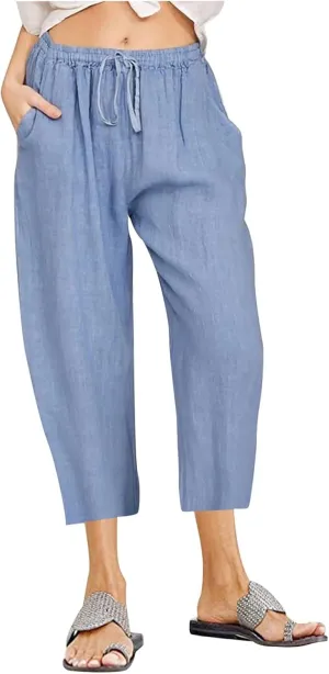 Linen Pants Women Casual Cotton Drawstring Mid Rise Wide Leg Trousers Lightweight Summer Beach Palazzo Capris Pants