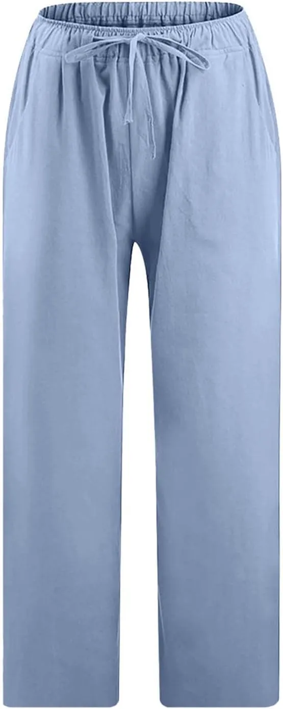 Linen Pants Women Casual Cotton Drawstring Mid Rise Wide Leg Trousers Lightweight Summer Beach Palazzo Capris Pants