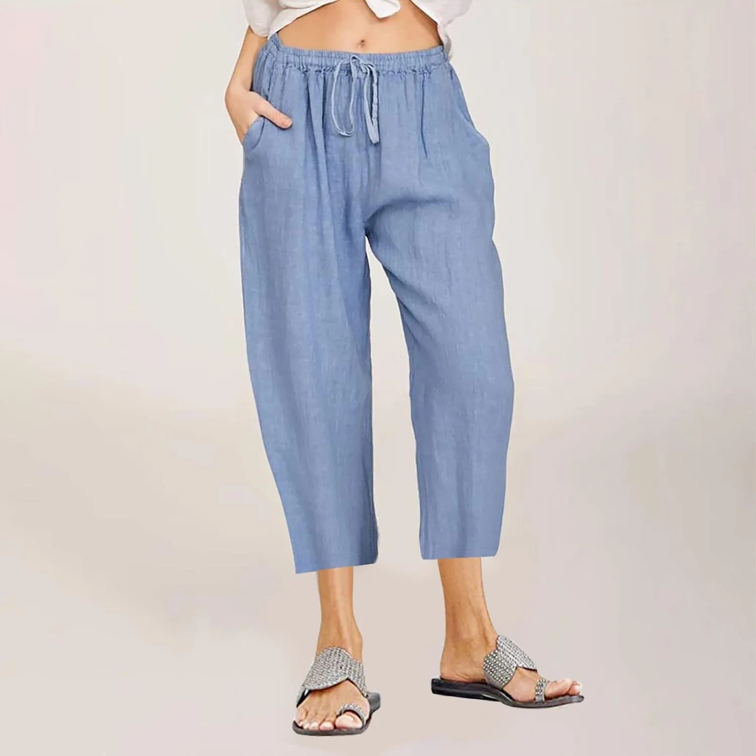 Linen Pants Women Casual Cotton Drawstring Mid Rise Wide Leg Trousers Lightweight Summer Beach Palazzo Capris Pants