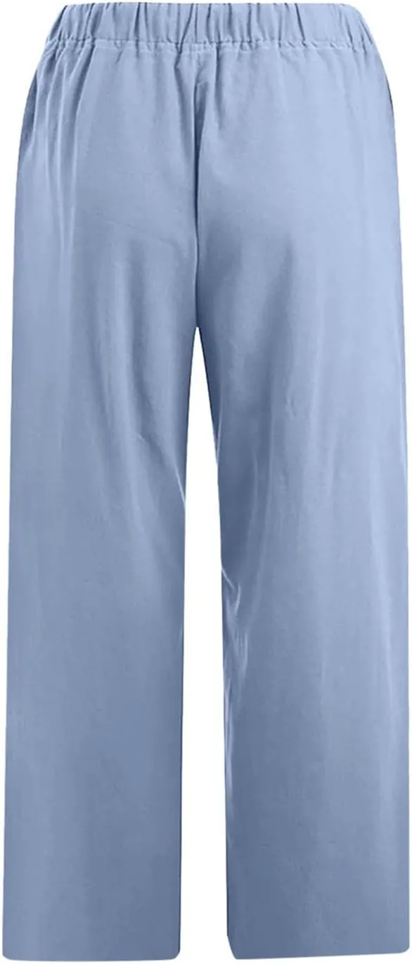 Linen Pants Women Casual Cotton Drawstring Mid Rise Wide Leg Trousers Lightweight Summer Beach Palazzo Capris Pants