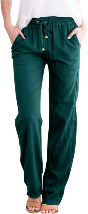 Linen Pants Women Summer Drawstring Waist Wide Leg Trousers Loose Cotton Linen Palazzo Pants Casual Beach Pants
