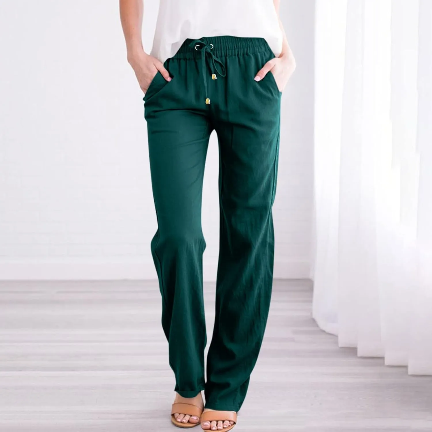 Linen Pants Women Summer Drawstring Waist Wide Leg Trousers Loose Cotton Linen Palazzo Pants Casual Beach Pants