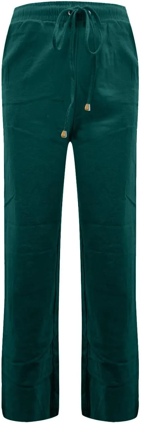 Linen Pants Women Summer Drawstring Waist Wide Leg Trousers Loose Cotton Linen Palazzo Pants Casual Beach Pants