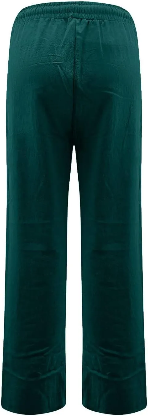 Linen Pants Women Summer Drawstring Waist Wide Leg Trousers Loose Cotton Linen Palazzo Pants Casual Beach Pants