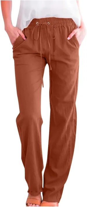Linen Pants Women Summer Loose Mid Waisted Breathable Trousers Casual Fall Long Comfy Lounge Pants with Pockets