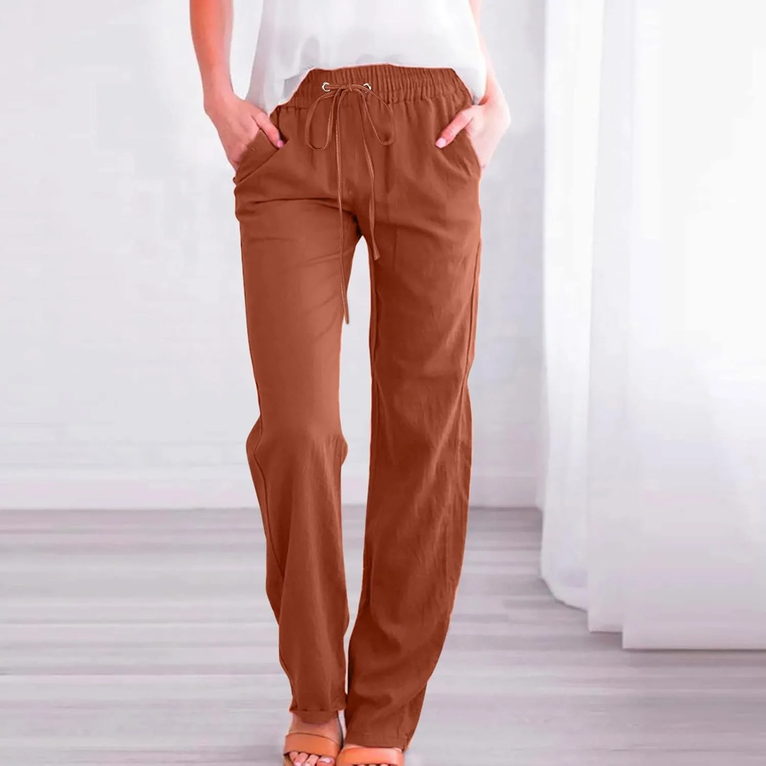 Linen Pants Women Summer Loose Mid Waisted Breathable Trousers Casual Fall Long Comfy Lounge Pants with Pockets