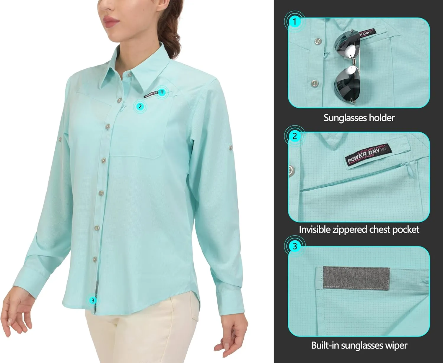 Little Donkey Andy Women's UPF 50 UV Protection Shirt, Breathable Long Sleeve Fishing Hiking Shirts, Quick Dry