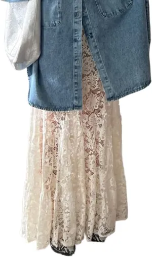 LOFAAC Women Sexy Lace Long Skirts High Waist See Through Flowy Maxi Skirts Sheer Floral Lace Party A-line Midi Skirt