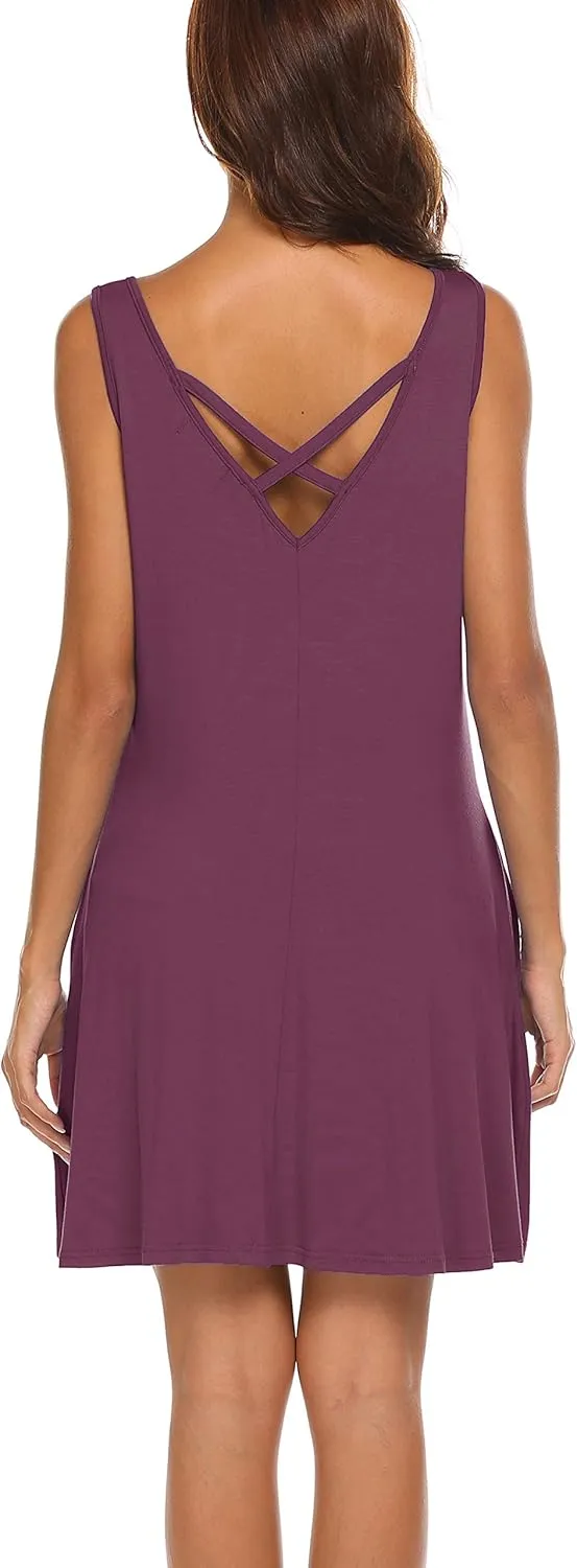 LuckyMore Women's Summer Sundresses Beach Cover Up Criss Cross Back Pocket Swing T-Shirt Dress S-3XL