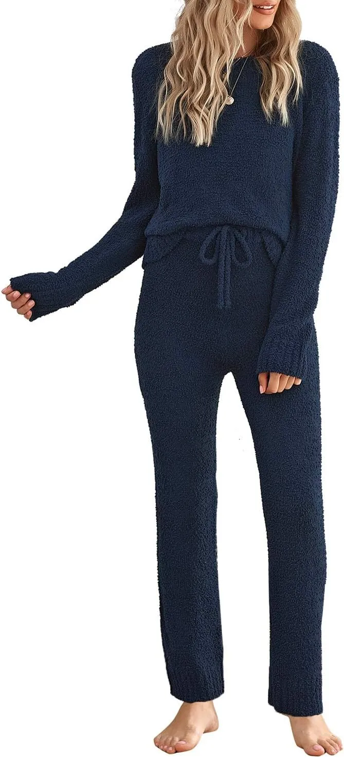 luvamia Women's Casual Pajama Set Fuzzy Fleece Knitted Long Sleeve Pj Loungewear