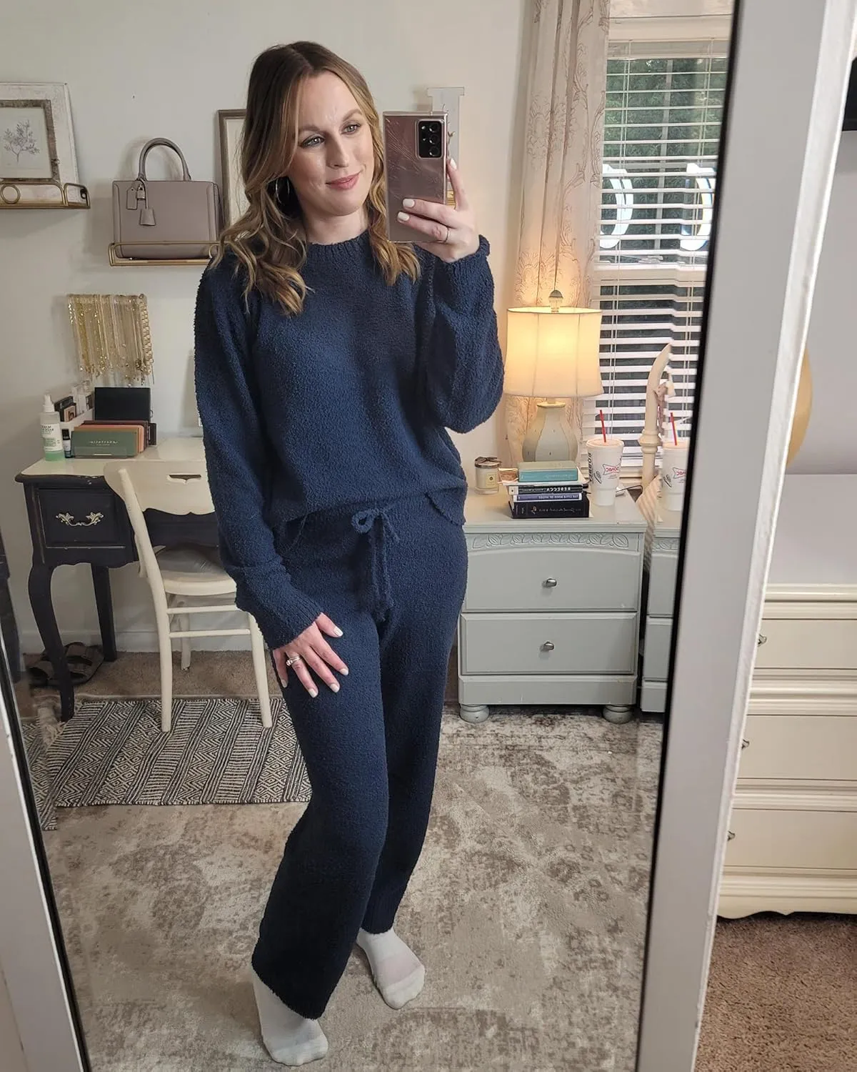 luvamia Women's Casual Pajama Set Fuzzy Fleece Knitted Long Sleeve Pj Loungewear