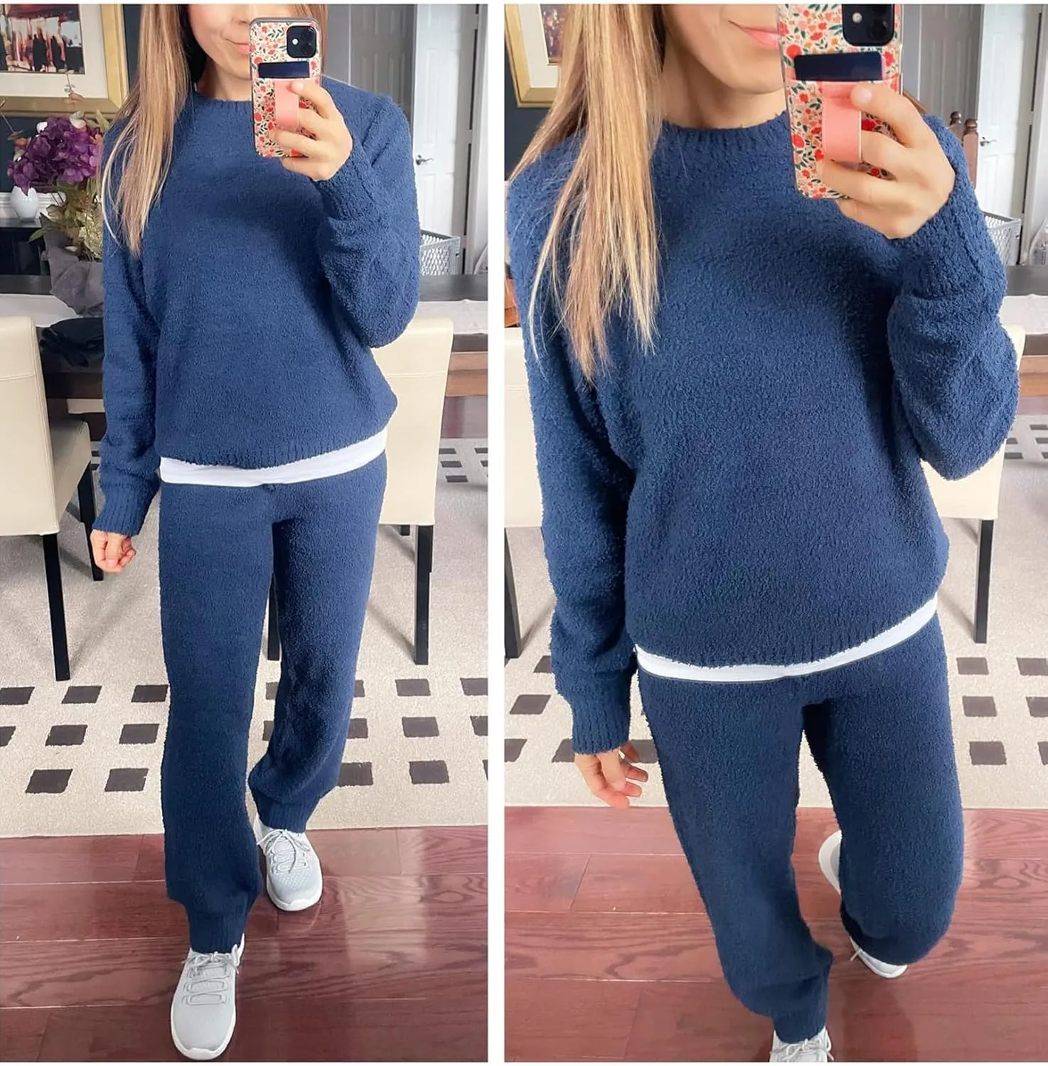 luvamia Women's Casual Pajama Set Fuzzy Fleece Knitted Long Sleeve Pj Loungewear