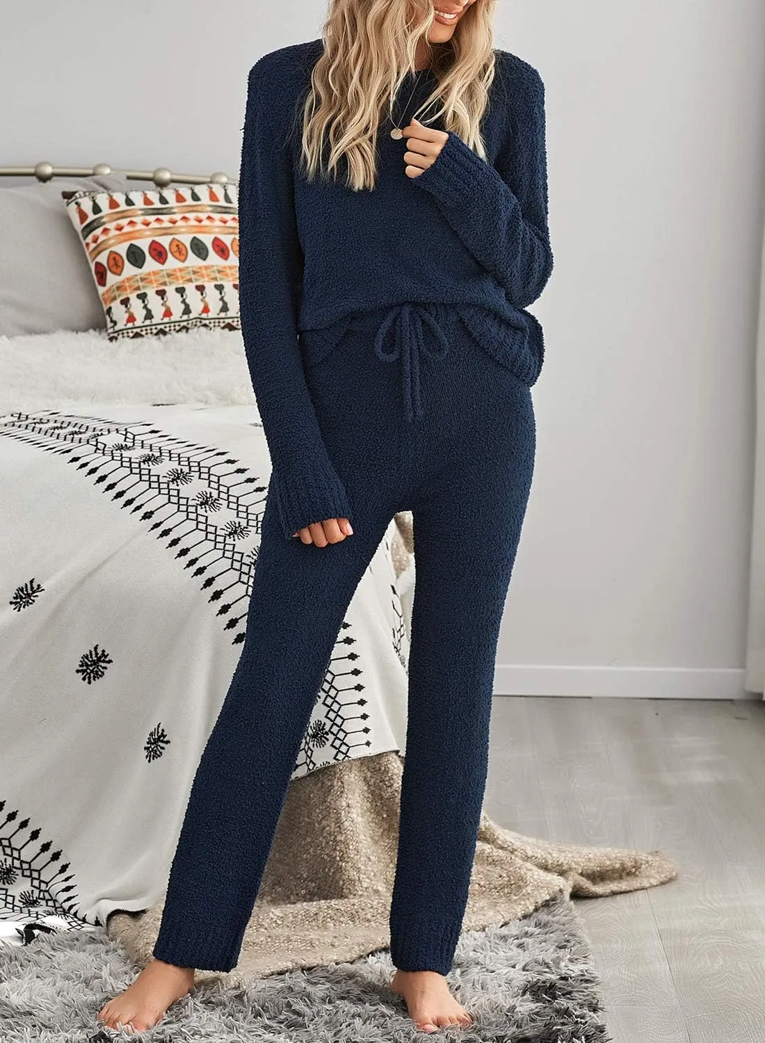 luvamia Women's Casual Pajama Set Fuzzy Fleece Knitted Long Sleeve Pj Loungewear