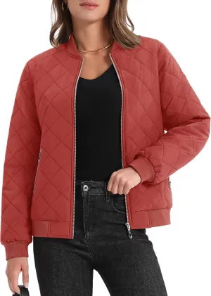 MAGCOMSEN Women's Diamond Quilted Jackets Lightweight Casual Bomber Jacket Warm Cotton Padded Coats with 2 Pockets