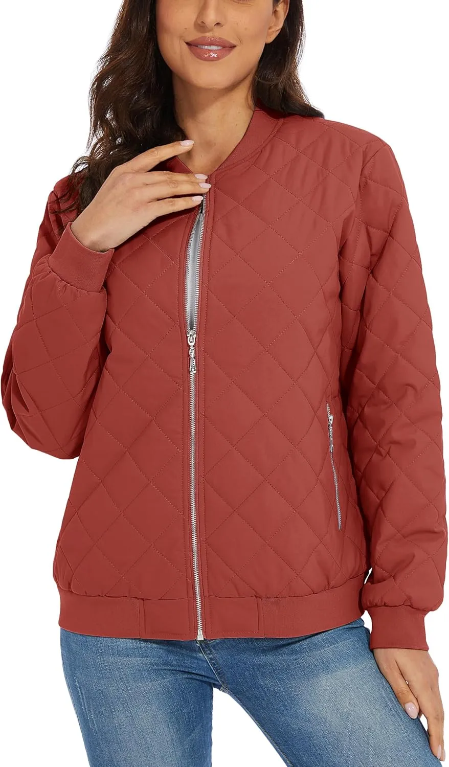 MAGCOMSEN Women's Diamond Quilted Jackets Lightweight Casual Bomber Jacket Warm Cotton Padded Coats with 2 Pockets