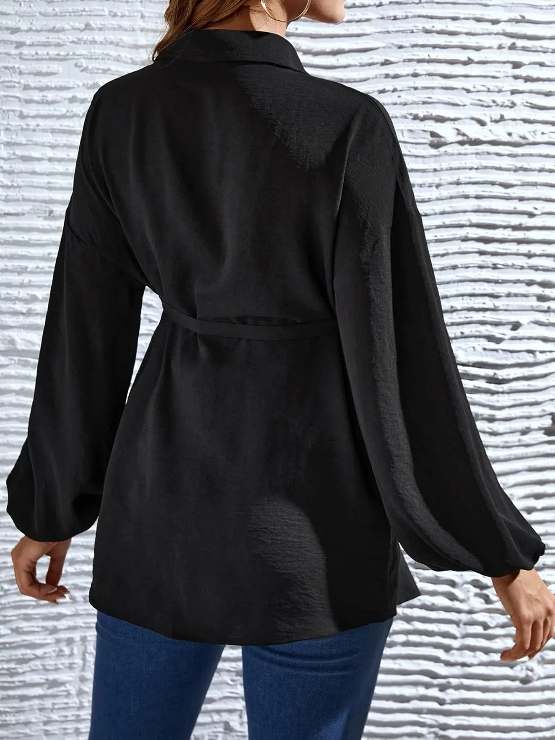 MakeMeChic Women's Maternity Shirts Long Sleeve Belted Button Down Casual Pregnancy Blouse Tops