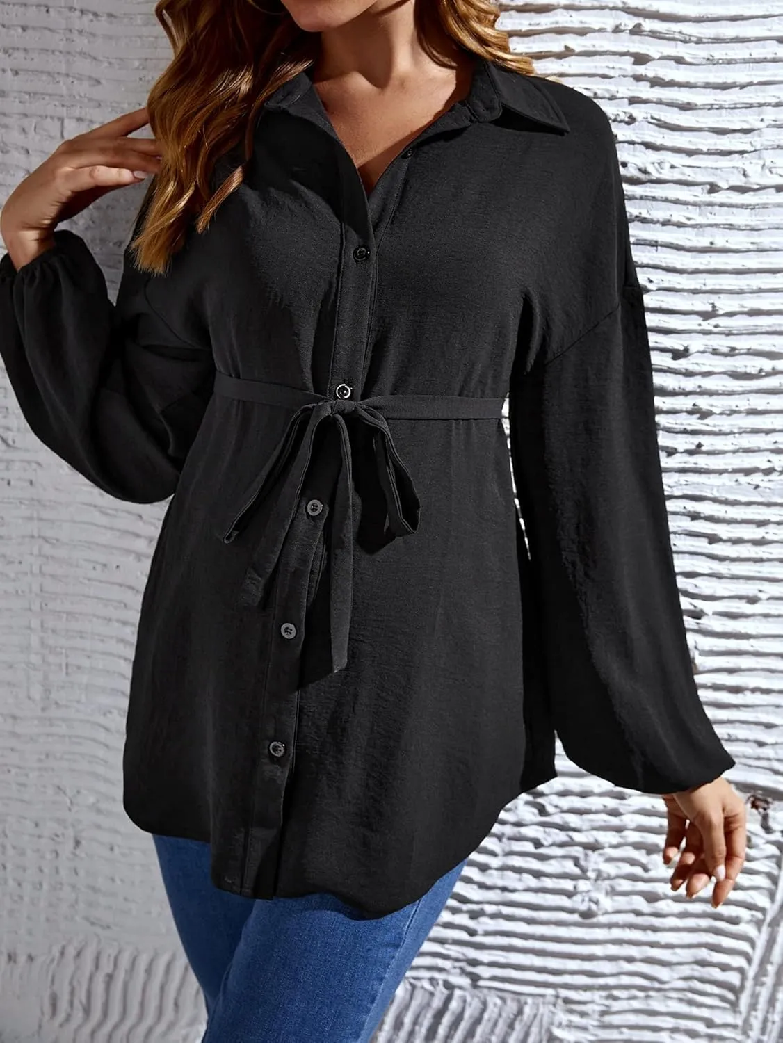 MakeMeChic Women's Maternity Shirts Long Sleeve Belted Button Down Casual Pregnancy Blouse Tops