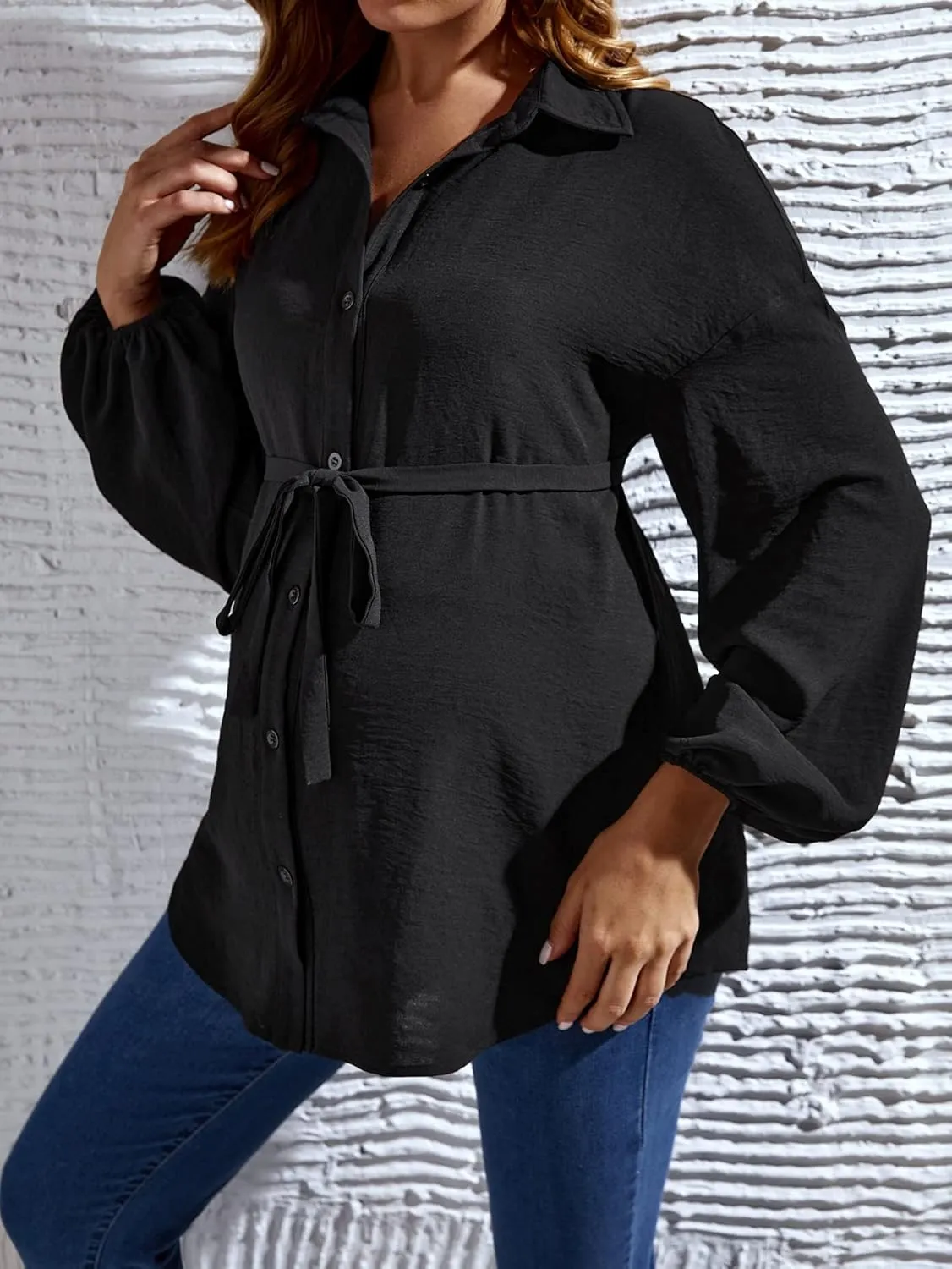 MakeMeChic Women's Maternity Shirts Long Sleeve Belted Button Down Casual Pregnancy Blouse Tops