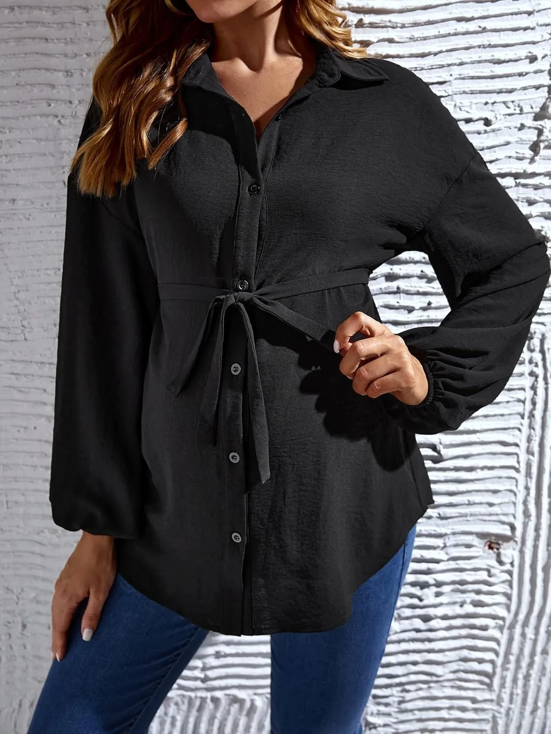MakeMeChic Women's Maternity Shirts Long Sleeve Belted Button Down Casual Pregnancy Blouse Tops