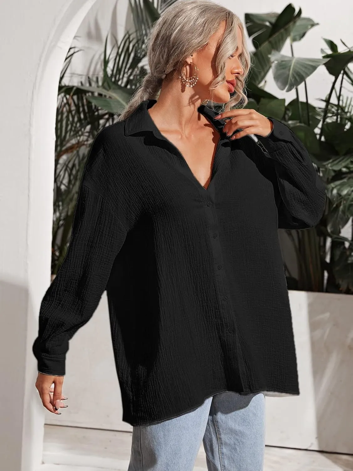 MakeMeChic Women's Oversized Button Down Shirts Collared Button Up Shirt Blouse Top