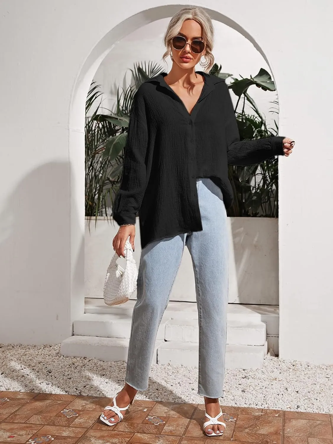 MakeMeChic Women's Oversized Button Down Shirts Collared Button Up Shirt Blouse Top