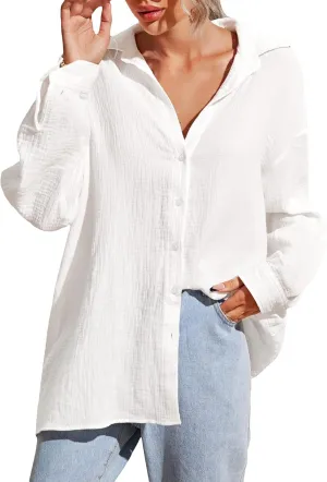 MakeMeChic Women's Oversized Button Down Shirts Collared Button Up Shirt Blouse Top