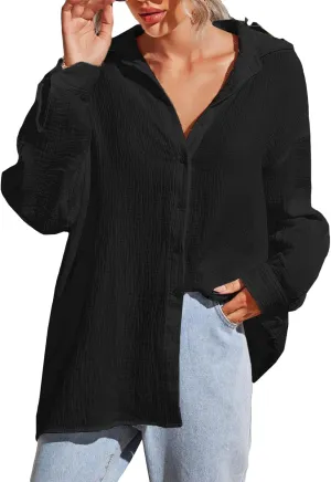 MakeMeChic Women's Oversized Button Down Shirts Collared Button Up Shirt Blouse Top