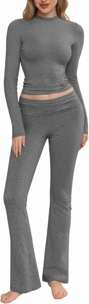 MANGOPOP 2 Piece Lounge Sets for Women Fold Over Flare Pants Long Sleeve Shirts Casual Outfits